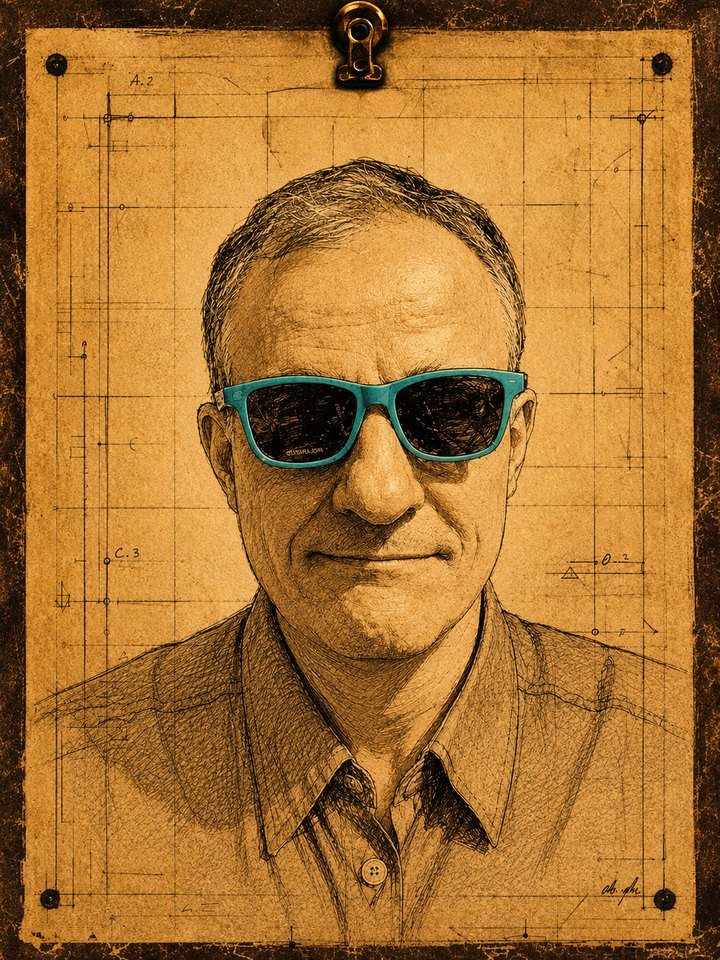 Retrato de RomanBRuni em desenho a lápis, de óculos escuros azuis