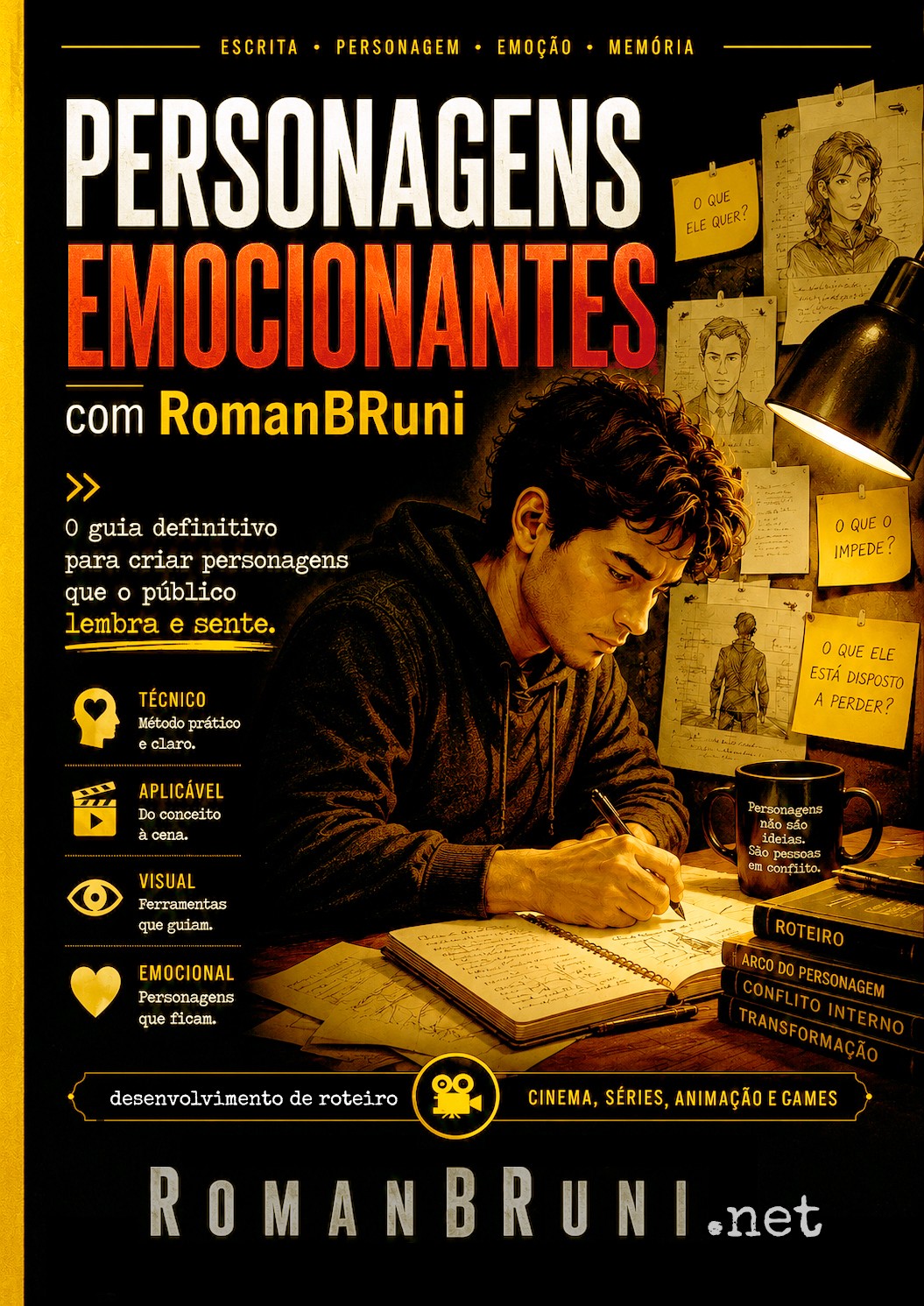 Capa do e-book Personagens Emocionantes, com RomanBRuni: um roteirista escrevendo à luz de uma luminária, cercado de fichas de personagem.