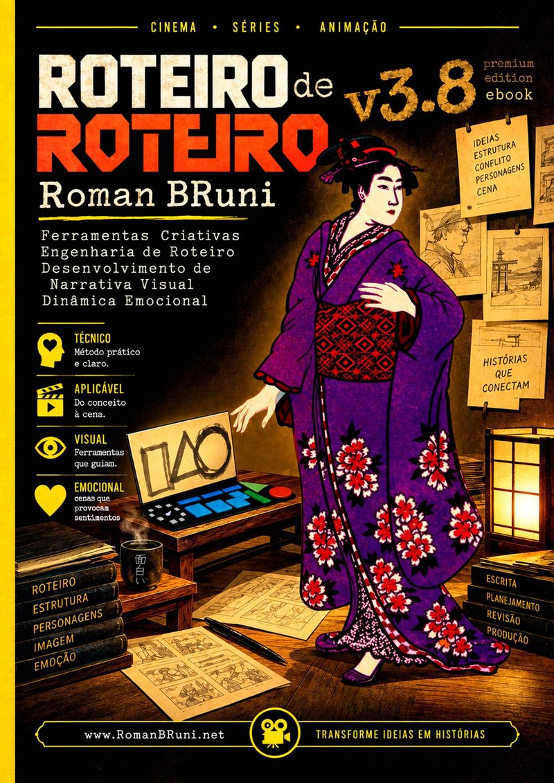 Capa do e-book Roteiro de Roteiro v3.8 Premium Edition: gueixa de quimono roxo em um ateliê de roteiro, com laptop, storyboards e luminária japonesa