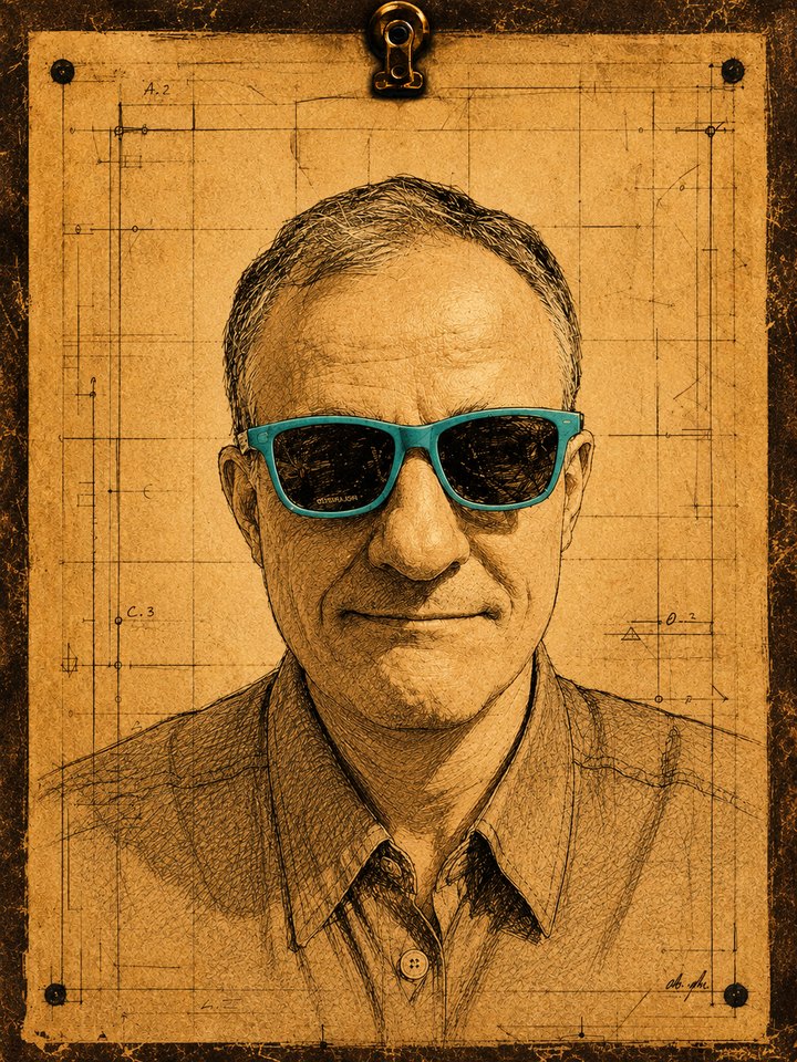 Ilustração de RomanBRuni: retrato em traço sobre papel de prancheta, com óculos escuros turquesa