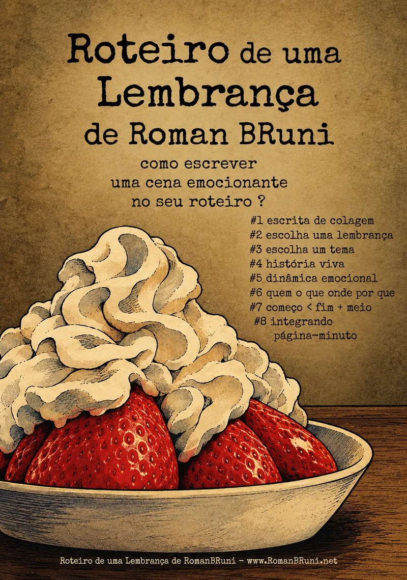 Capa do e-book Roteiro de uma Lembrança: ilustração de morangos com chantilly numa tigela, sobre papel envelhecido